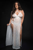 2pc Strappy Halter Laced Night Gown With Side Slits and Open Back