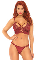 2 Pc Lace Bralette With Cage Strap O-Ring Bodice Detail and Matching G-String - -