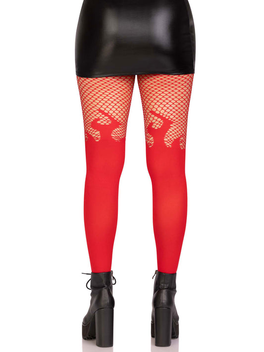 Opaque Flame Tights With Fishnet Top - One Size