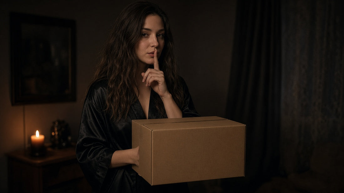 A woman holds a finger to her lips beside a closed box, by candlelight.