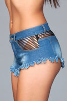 Denim Shorts With Fishnet Top Trimming and Fringe Bottom Details -