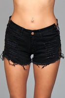 Denim Shorts With Lace Up Side Details and Distressed Details on Front and Back -