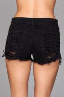 Denim Shorts With Lace Up Side Details and Distressed Details on Front and Back -