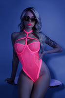 All Nighter Harness Bodysuit - - Neon Pink