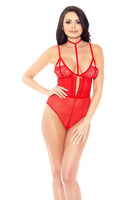 Soft Cup Mesh & Lace Teddy W/choker - Red