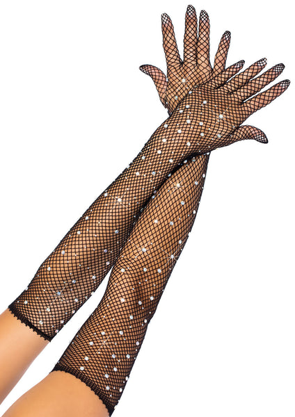 Rhinestone Fishnet Long Gloves - Black