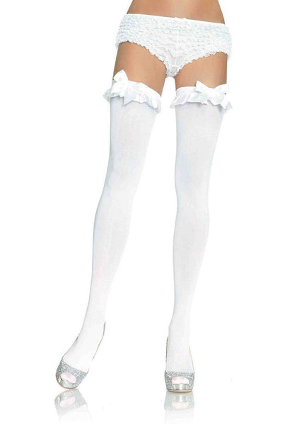 Opaque Thigh Highs With Satin Ruffle Trim and Bow - One Size.