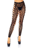 Footless Leopard Lace Crotchless Tights - Black