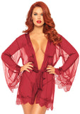 3 Pc Sheer Short Robe With Eyelash Lace Trim and Flared Sleeves - -