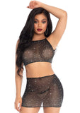 2 Pc Rhinestone Crop Top and Mini Skirt - Black -