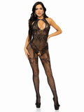 Rhinestone Lace and Net Bodystocking - One Size -  Black