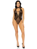 Net and Lace Keyhole Halter Bodysuit - One Size