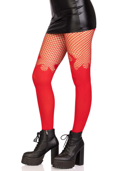 Opaque Flame Tights With Fishnet Top - One Size