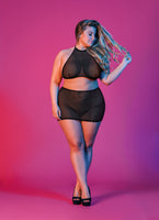 Sexy Time Polka Dot Mesh Halter and Skirt Set - Black