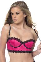 Longline Satin Balconette Bra With Lace Trimmed Edges and Removable Straps - -