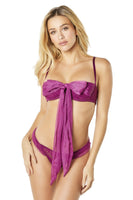 2 Pc Functional Tie Shelf Cup Bra and Ruched Back Tanga - Amaranth -
